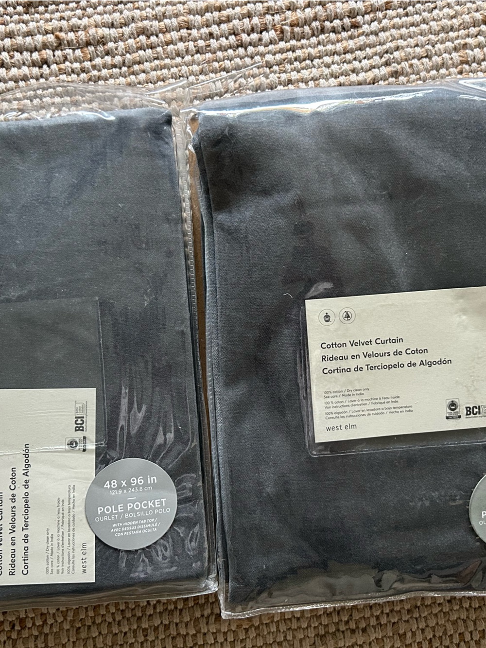 West Elm OCEAN gray Cotton Velvet drapes curtains 48 x 96 pole tab NEW